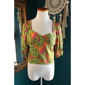 Rose + Olive Top Floral Smocked Cropped Puff Sleeve Peasant Prairie Tropical L